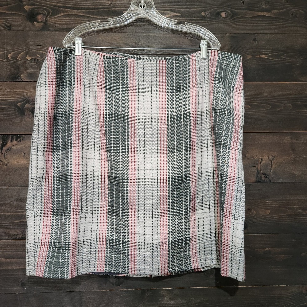 Talbots Woman Plaid Wool Blend Pencil Skirt Plus Size 20W Herringbone Pink Grey